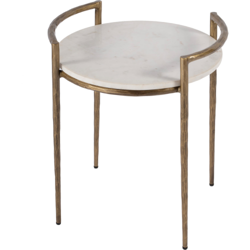 Madlyn 19" Round Side Table in White Marble & Polished Brass Gold Iron