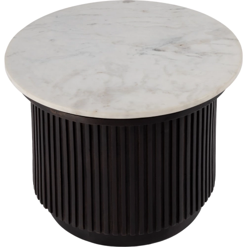 Georgia 22" Round Side Table in Ribbed Brown Wood & White Marble