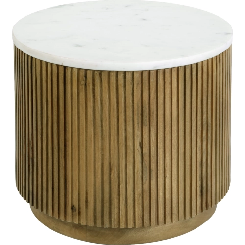 Raquel 15" Round Fluted End Table in White Marble & Natural Wood