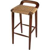 Luna Low Back Bar Stool in Brown Wood & Woven Jute