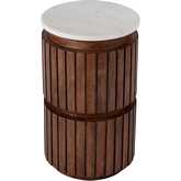 Newton 12" Round Side Table in White Beige Marble & Walnut Finish