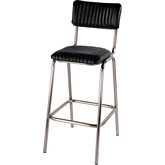 Waylon Bar Stool in Channel Tufted Black Leather & Silver Iron