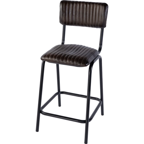 Waylon in Bar Stool w/ Footrest in Brown Leather & Black Iron