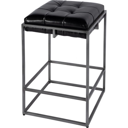 Dudley 26" Backless Counter Stool w/ Footrest in Tufted Black Leather & Iron