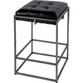 Dudley 26" Backless Counter Stool with Footrest in Tufted Black Leather & Iron