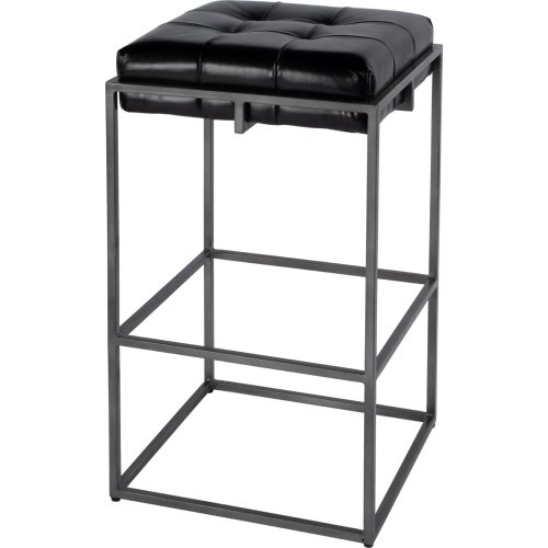 Dudley 31" Backless Bar Stool w/ Footrest in Tufted Black Leather & Silver Iron