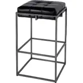 Dudley 31" Backless Bar Stool with Footrest in Tufted Black Leather & Silver Iron