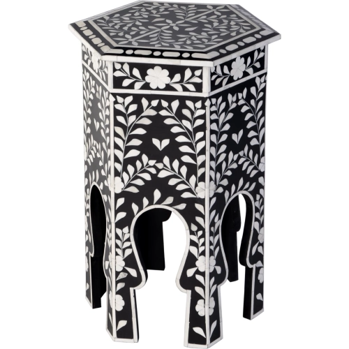 Amaya 16" Hexagon Side Table in Black Resin w/ White Inlay