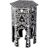 Amaya 16" Hexagon Side Table in Black Resin w/ White Inlay