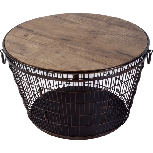 Fulton 28"W Round Coffee Table w/ Handles in Distressed Wood & Iron