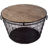 Fulton 28"W Round Coffee Table with Handles in Distressed Wood & Iron