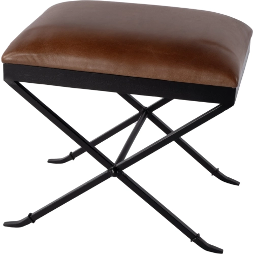 Livingston 20"W Accent Stool in Brown Leather & Black Iron