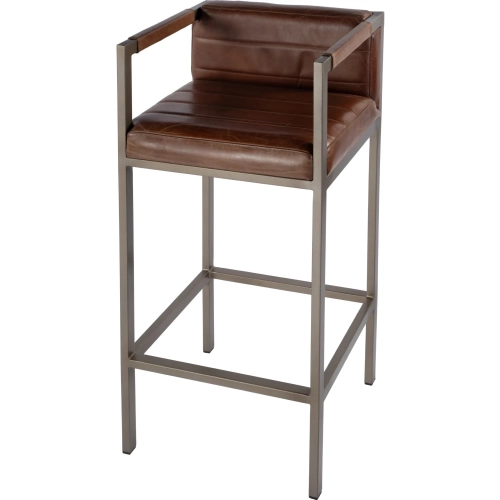 Dennis 31" Seat H Low Back Bar Stool in Brown Leather & Brass Iron