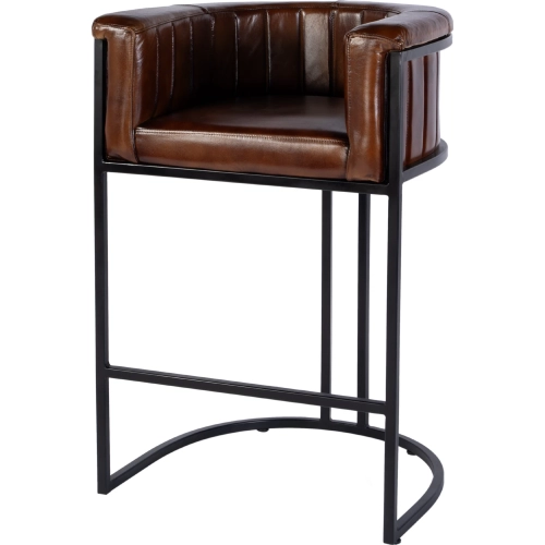 Rockford 29" Barrel Bar Stool w/ Footrest in Brown Leather & Black Iron