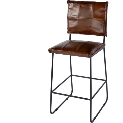 Niles 30" Bar Stool with Footrest in Brown Leather & Black Iron