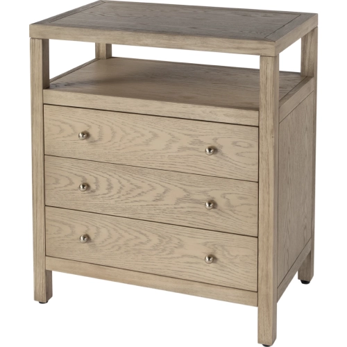 Nora 27"W 3 Drawer Tall Nightstand w/ Shelf in Light Brown Finish Wood