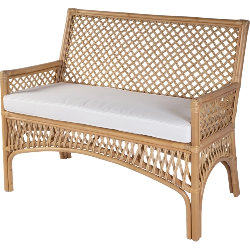 Antigua 42"W Dining Bench w/ Back in Natural Rattan & White Fabric