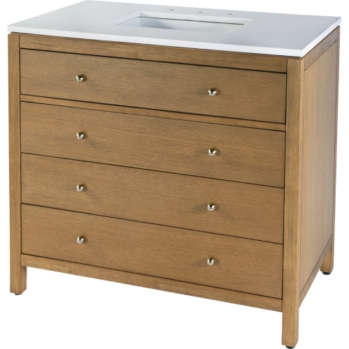 Nora 36" Single Sink 3 Drawer Bathroom Vanity Set in White Quartz & Natural Wood