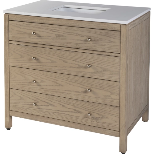 Nora 36" Single Sink 3 Drawer Bathroom Vanity Set in White Quartz & Brown Wood