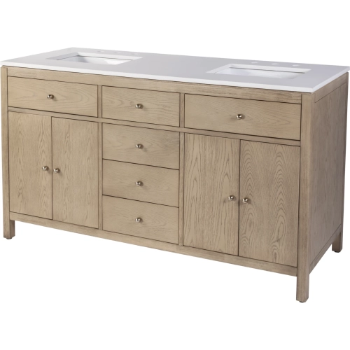 Nora 60" Double Sink 4 Drawer Bathroom Vanity in Light Brown Wood & White Quartz