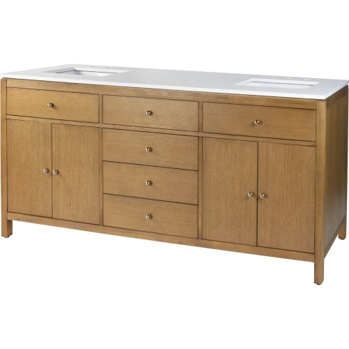 Nora 72" Double Sink 4 Drawer Bathroom Vanity Set in White Quartz & Natural Wood