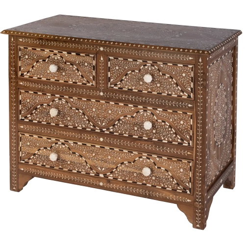Rashmi 40" 4 Drawer Accent Chest in Brown Teak & Inlay