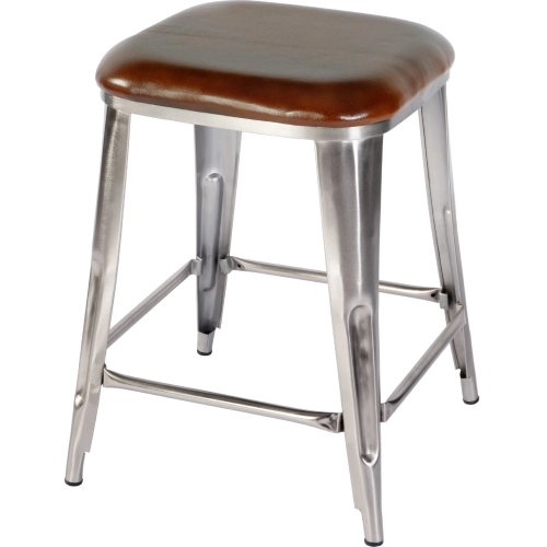 Eastham Counter Stool in Brown Leather & Silver Iron