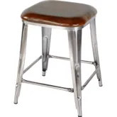 Eastham Counter Stool in Brown Leather & Silver Iron