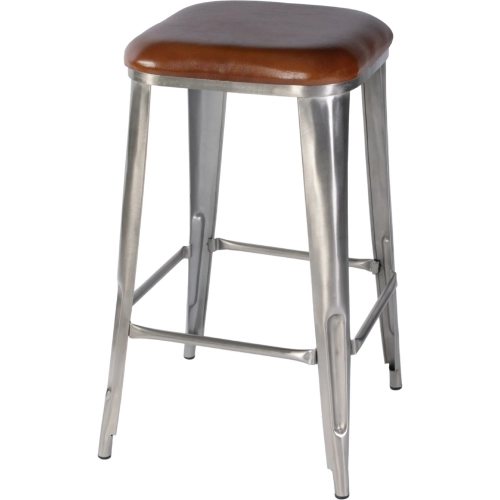 Eastham Bar Stool in Brown Leather & Silver Iron