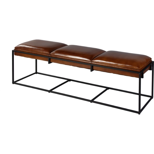 Kane 62" Accent Bench in Brown Leather & Black Iron