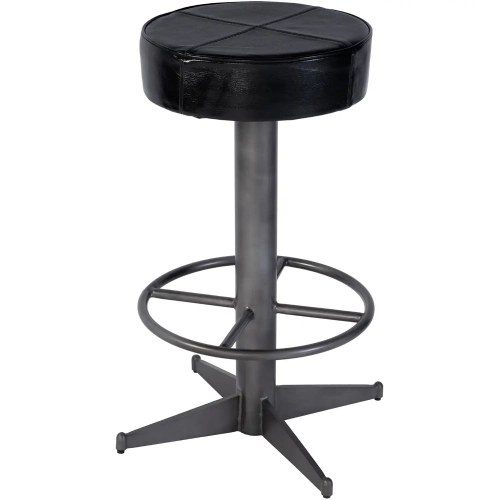 Malcolm Bar Stool w/ Footrest in Black Leather & Distressed Iron
