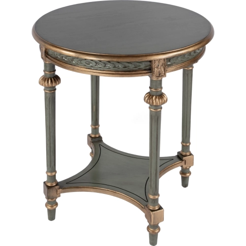 Hellinger 24" Round End Table w/ Shelf in Green & Gold Wood