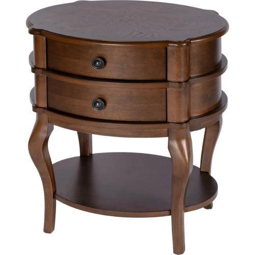 Ethel 25" Oval 2 Drawer End Table w/ Shelf in Dark Cherry Brown Wood