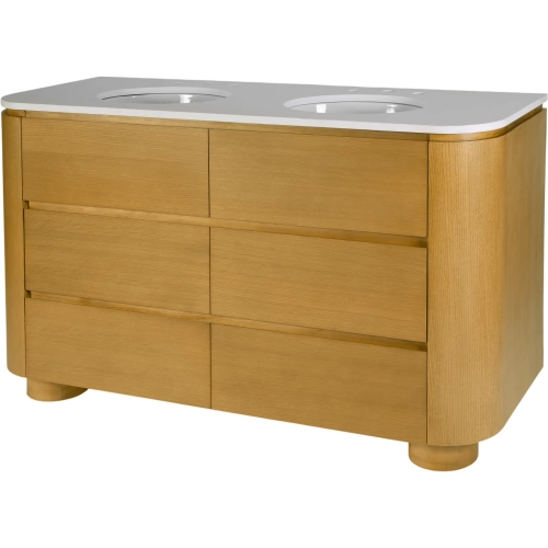 Genoa 60" Double Sink Bathroom Vanity in White Quartz & Light Oak Wood