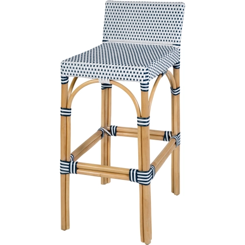 Serienna 30" Low-Back Bar Stool in White & Navy Blue PE Rattan & Natural Rattan