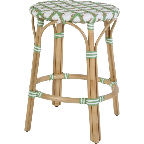 Ballito 24.5" Oval Counter Stool with Footrest in White & Green PE Rattan & Rattan