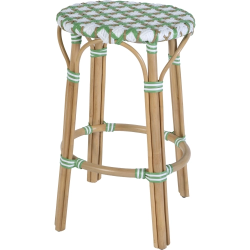 Ballito 30" Oval Bar Stool with Footrest in White & Green PE Rattan & Rattan