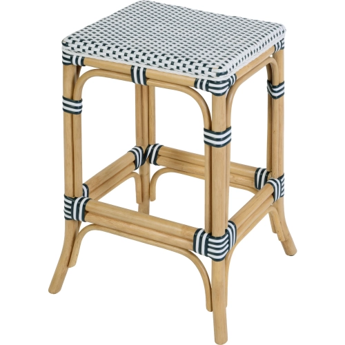 Laguna Backless Counter Stool in White & Navy Blue Poly & Natural Rattan