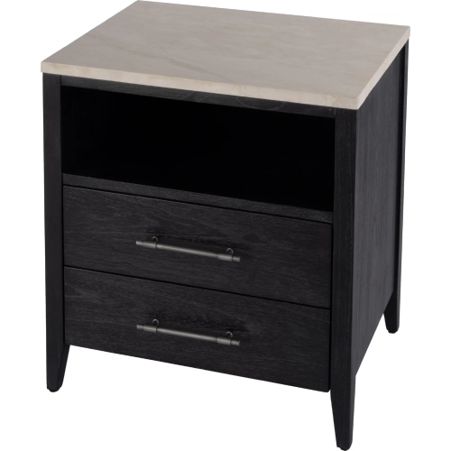 Averly 22" 2 Drawer Nightstand in Washed Black Wood & Beige & White Marble