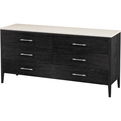 Averly 64" 6 Drawer Dresser in Washed Black Wood & Beige & White Marble