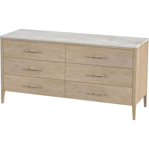 Averly 64" 6 Drawer Dresser in Light Wood & Beige & White Marble