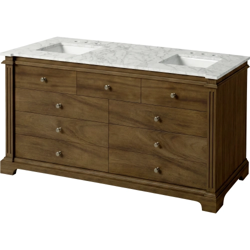 Rachelle 72" Double Bathroom Vanity in White Carrara Marble & Brown Finish Wood