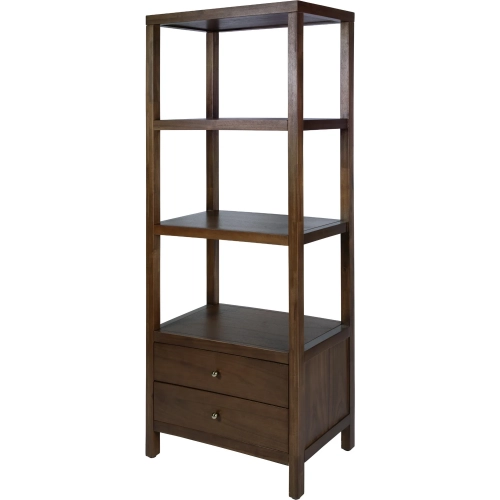Nora 70"H 3-Tier Open Bookcase with Drawers in Walnut Brown Wood