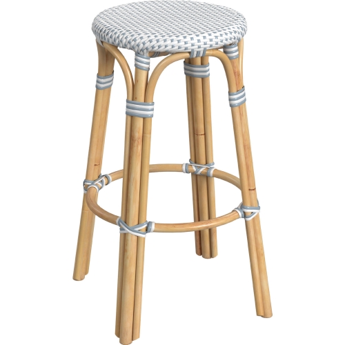 Tobias 30"H Round Bar Stool in Powder Blue & White Poly & Rattan