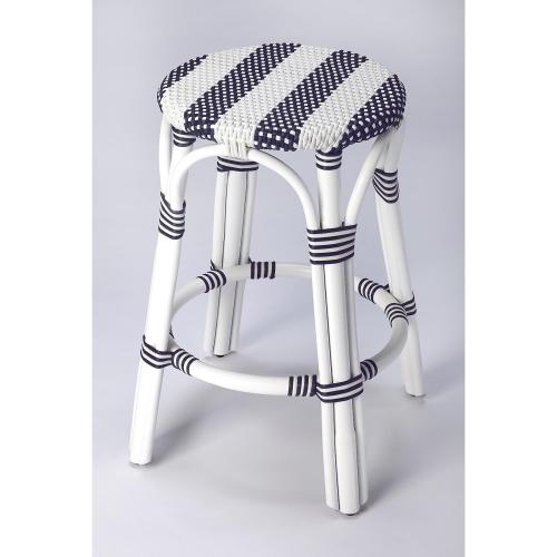 Tobias Counter Stool in Blue & White Poly & White Rattan