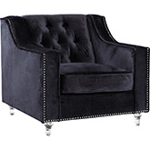 Dylan Club Chair in Tufted Black Velvet on Round Acrylic Feet