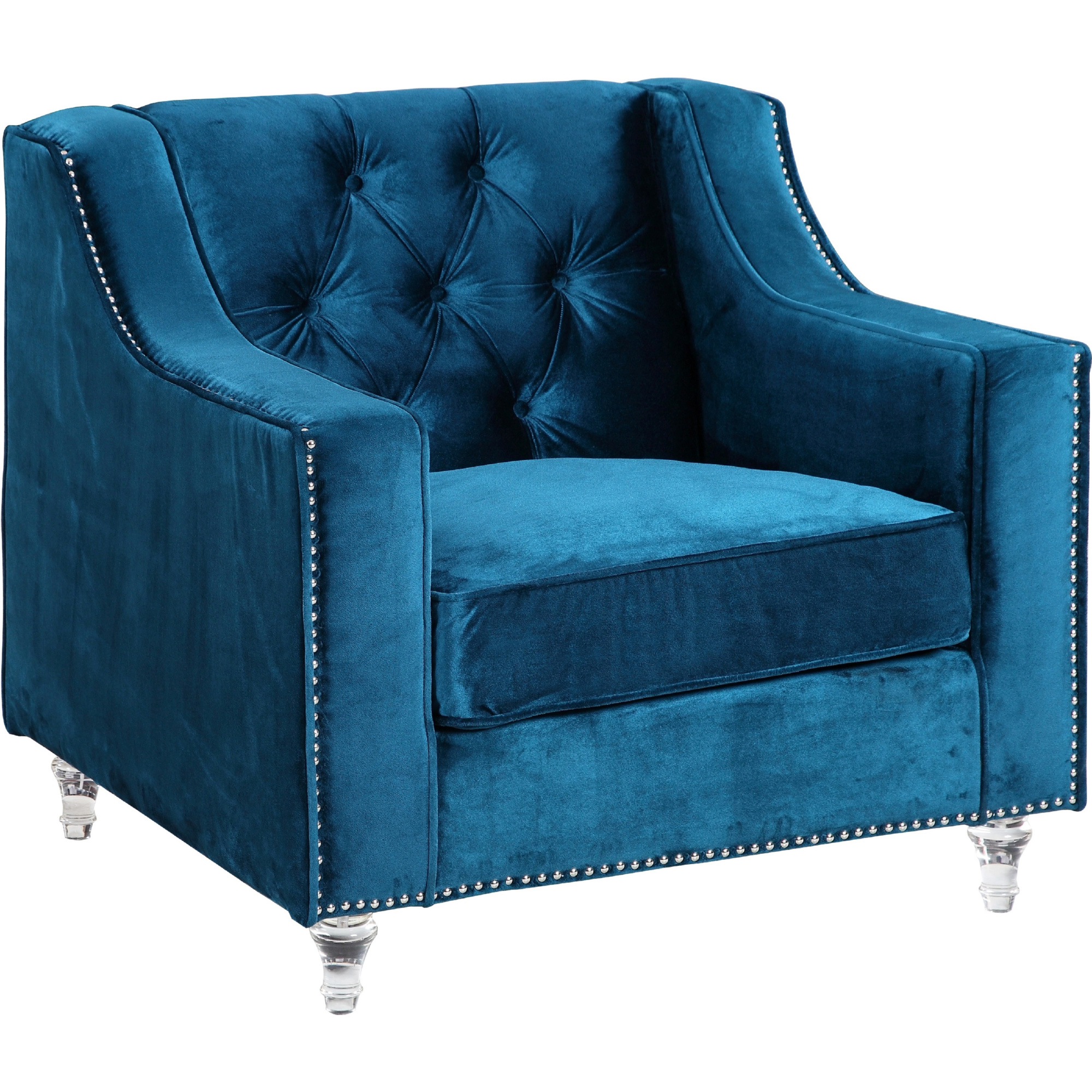 Dylan Club Chair in Tufted Navy Blue Velvet on Round Acrylic Feet