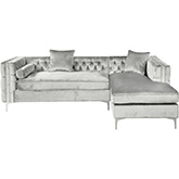 Da Vinci Sectional Sofa w/ Right Chaise in Tufted Silver Velvet w/ Nailhead Trim on Metal Leg