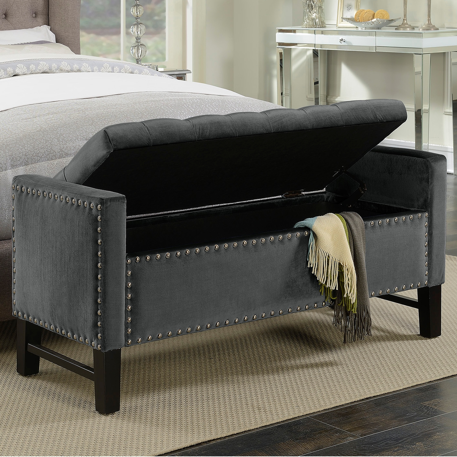 Chic Iconic FSB2686-DR Marcus Storage Bench in Tufted Grey Velvet w ...