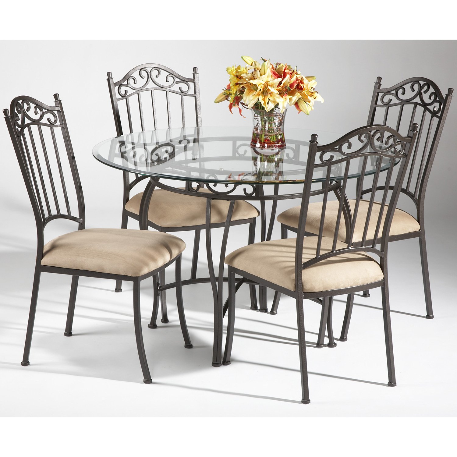 Chintaly 0710 5 Pcs Wrought Iron 5 Piece Round Dining Set In Antique Taupe